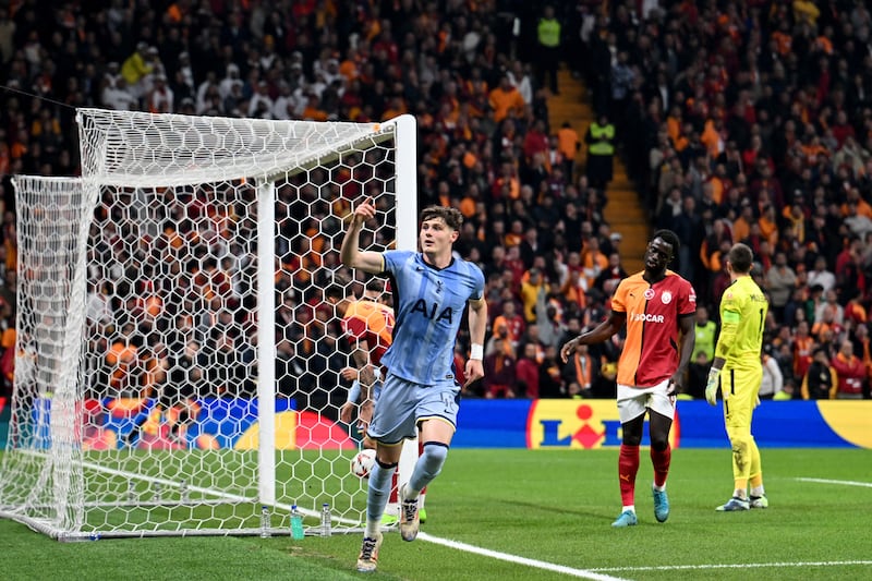 William Lankshear celebrates scoring Spurs' first goal. Photograph: Ozan Kose/AFP via Getty Images