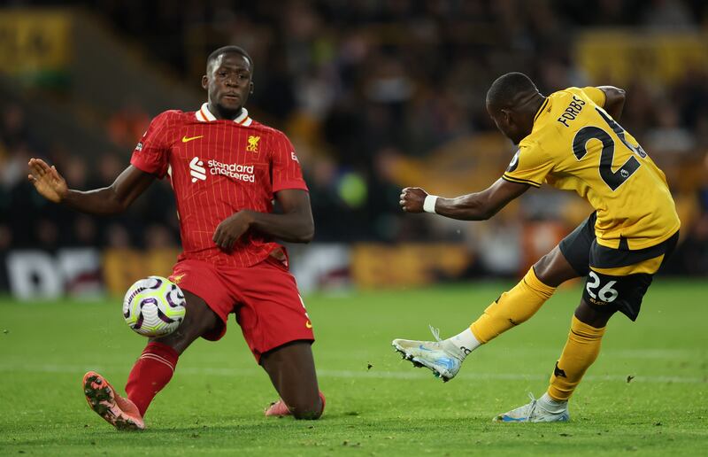 Ibrahima Konaté of Liverpool blocks a shot during the Premier League match against Wolves at Molineux, Wolverhampton, on September 28th, 2024. Photograph: Michael Steele/Getty Images