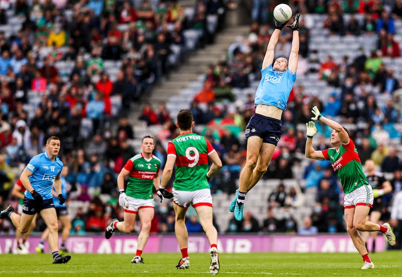 Dublin's Brian Fenton catches a high ball during the 2021 All-Ireland semi-final against Mayo at Croke Park. Photograph: Tommy Dickson/Inpho