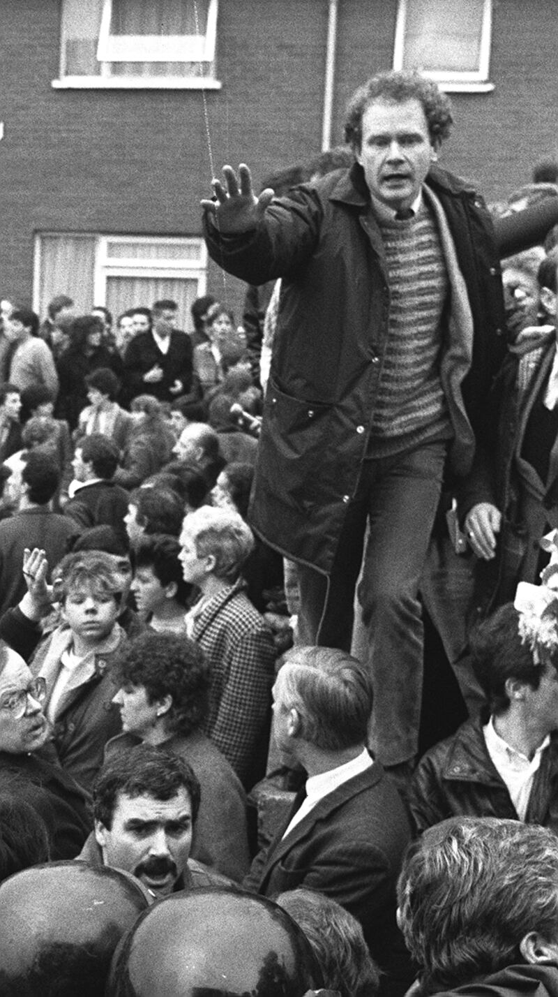 Freddie Scappaticci (bottom left hand corner of picture) pictured at the 1987 funeral of IRA man Larry Marley near Martin McGuinness. Photograph: Pacemaker