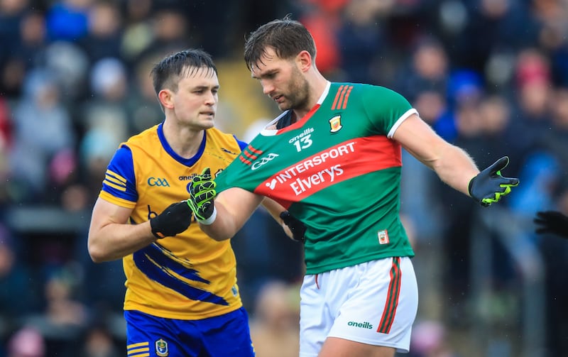 Roscommon's Brian Stack in action with Mayo’s Aidan O'Shea during a league match at Dr Hyde Park, Roscommon, last month. Photograph: Evan Treacy/Inpho