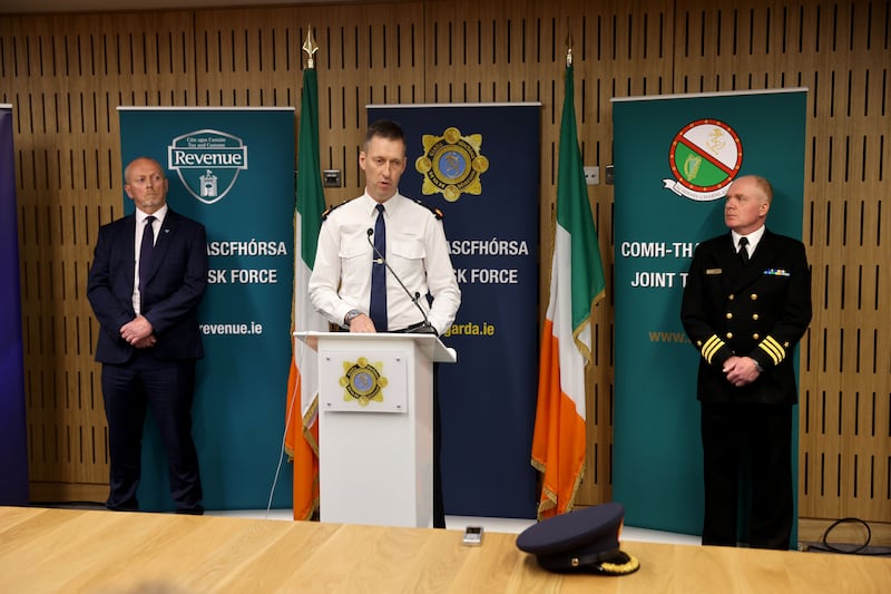 Representatives of the Joint Task Force comprising members of the Revenue Customs Service, Naval Service and An Garda Síochána. Photograph: Dara Mac Dónaill/The Irish Times









