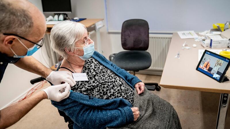 Jytte Margrete Frederiksen (83) is one of the first Danes vaccinated against Covid-19, in Ishoj, Denmark, on December 27th, 2020.  Photograph: Mads Claus Rasmussen/AFP via Getty Images