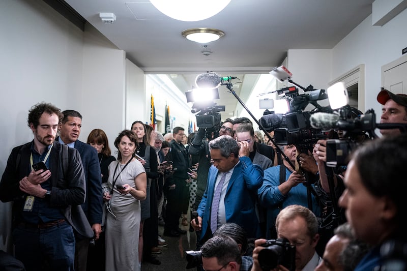 Reporters wait for a House ethics committee meeting to conclude on Capitol Hill in Washington, on Wednesday. Photograph: Haiyun Jiang/New York Times
                      