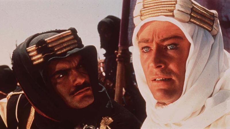 Peter O’Toole (right) as T.E. Lawrence, with co-star Omar Sharif, from the 1962 film Lawrence of Arabia