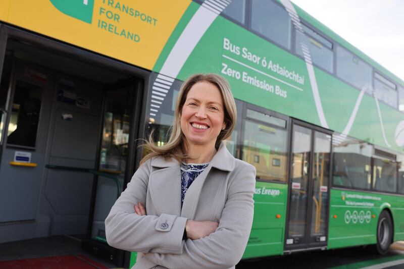 Caoimhe Donnolly, chief sustainability officer, CIE beside a hydrogen-fuelled bus. Photograph: Dara Mac Dónaill