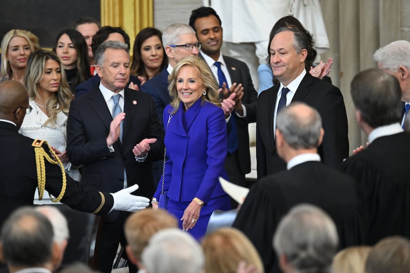 Jill Biden in Ralph Lauren with then second gentleman Doug Emhoff at Monday's inauguration. Photograph: Saul Loeb/Pool/Getty Images