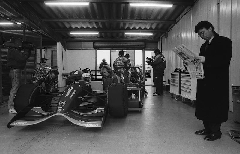 Eddie Jordan (right) at the 1992 Japanese GP. Photograph: Billy Stickland/Inpho