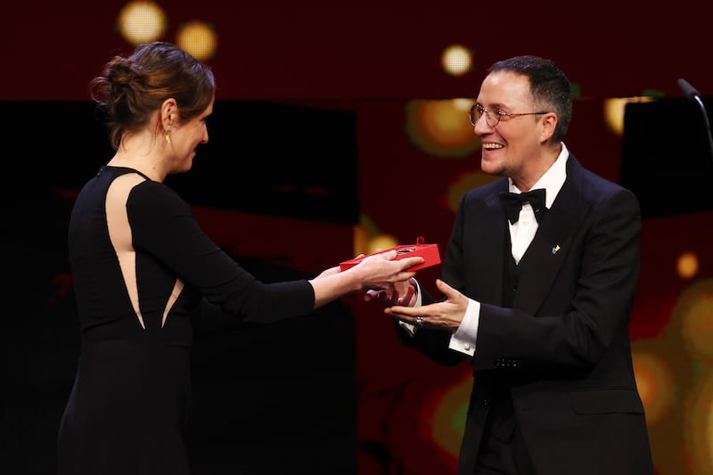 Paul B Preciado receives the Special Jury Award for Orlando, My Political Biography at the 73rd Berlinale International Film Festival. Photograph: Sebastian Reuter/Getty Images Entertainment