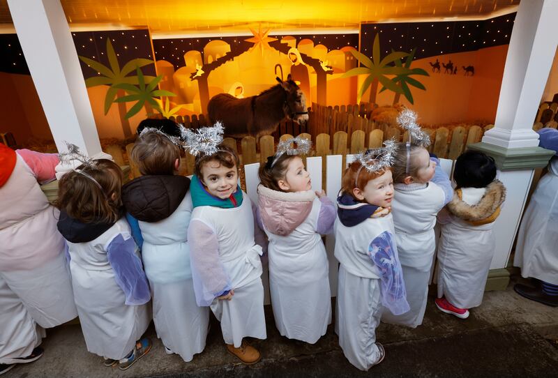 Children from the YMCA Childcare on Aungier Street, dressed as angels, at the crib opening on Thursday. Photograph: Alan Betson/The Irish Times