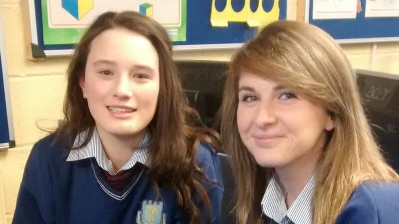 Rebecca Shine (left) and Tara Buckley (right) of Scoil Mhuire gan Smál in Co Cork, who have done a thematic analysis of social media friends versus real friends.