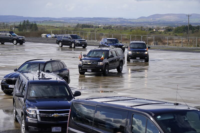 The motorcade carrying US president Joe Biden departs from Ireland West airport on Friday afternoon. Photograph: Niall Carson/PA