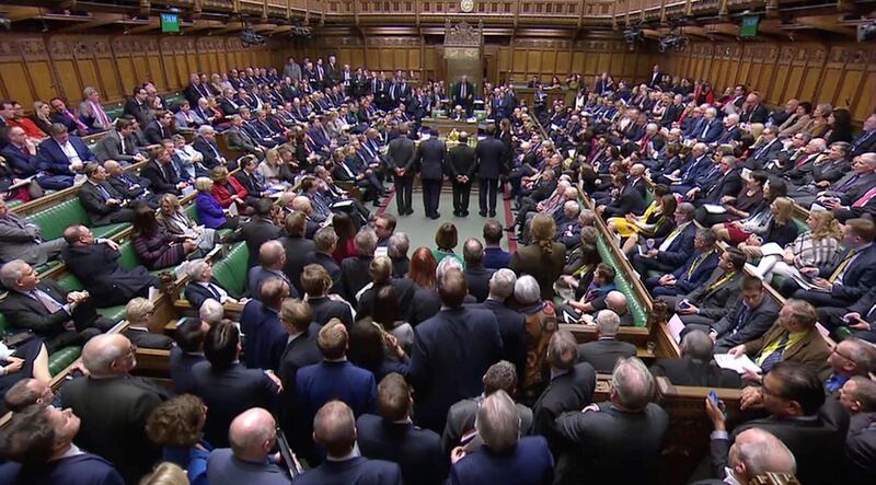 Tellers announce the results of the vote on Brexit in the House of Commons in London on Tuesday night. Photograph: Reuters TV/Reuters