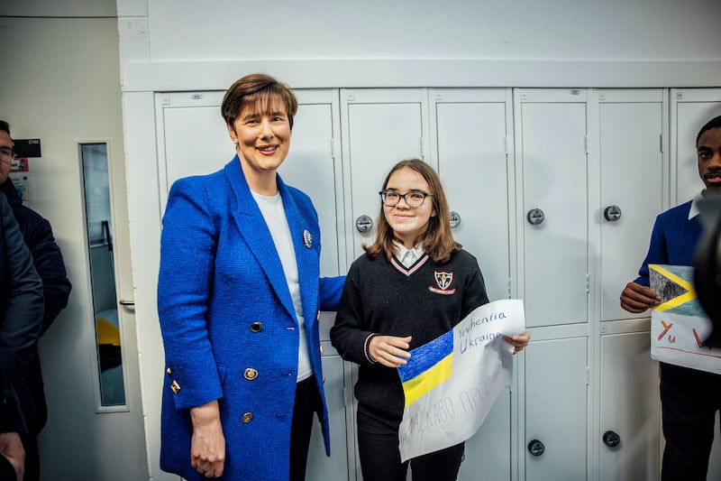 Yevheniia Mironova from Ukraine at the official opening by Minister for Education Norma Foley of a new state-of-the-art school extension at Gaelcholáiste an Chláir in Ennis, Clare, last week. Photograph: Brian Arthur