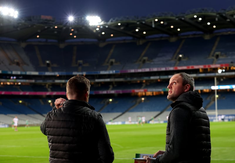 Michael Murphy (right) alongside Éamonn Fitzmaurice at Croke Park during the Interprovincial Series last month. Photograph: James Crombie/Inpho