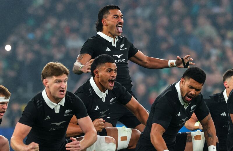 New Zealand’s Rieko Ioane leads the Haka. Photograph: Billy Stickland/Inpho