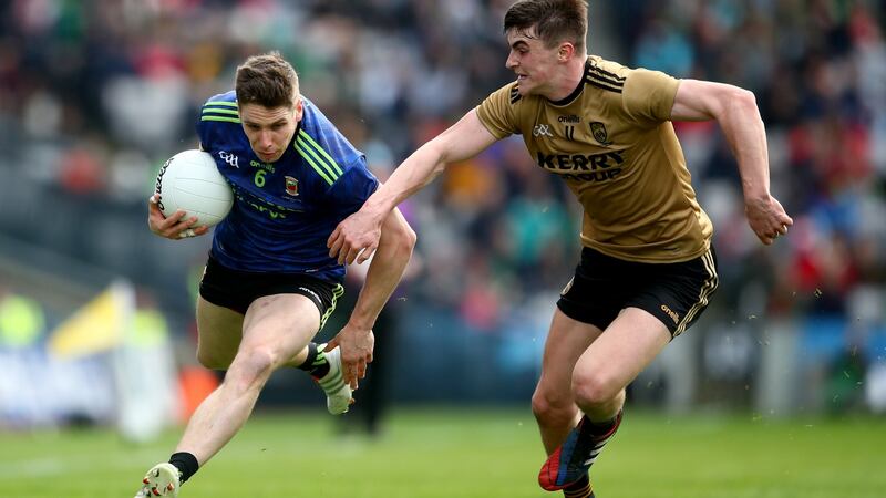 Mayo’s Lee Keegan in action against Kerry’s Seán O’Shea during the Allianz Football League final. “It was very satisfactory. If you’re in any competition, you try and win it. And it was great to win, in Croke Park.”  Photograph: James Crombie/Inpho