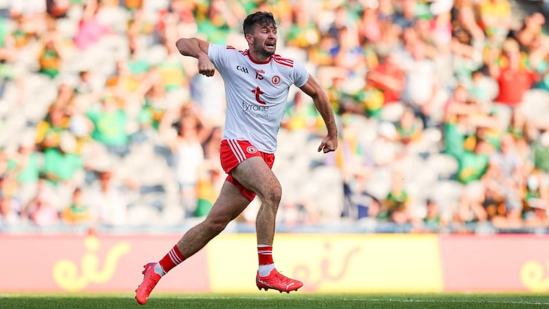 Tyrone’s Conor McKenna celebrates scoring his side’s third goal of the game during the  All-Ireland SFC semi-final at Croke Park. Photograph: Ryan Byrne/Inpho