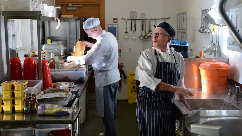 Ian Carroll (left) and Johnny O’Mahoney, in kitchen in the Rotunda Hospital. Photograph: Dara Mac Donaill / The Irish Times