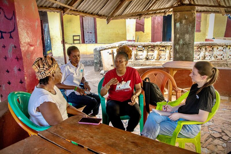 Sudie Sellu, in red T-shirt, is Trócaire’s women’s empowerment lead in Sierra Leone, working with women to help them challenge traditional societal norms.