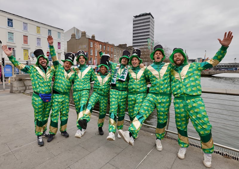 Friends from Sterzing in Italy enjoying the festivities surrounding the parade in Dublin city centre on St Patrick’s Day. Photograph Alan Betson