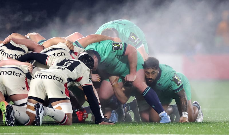 Connacht’s Bundee Aki playing flanker at a scrum during the game against Lyon. Photograph: James Crombie