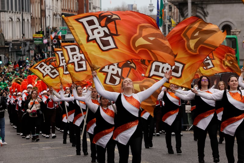 Members of the Bowling Green State University Falcon marching band from Ohio, US, at the St Patrick's Day parade in Dublin. Photograph: Alan Betson

