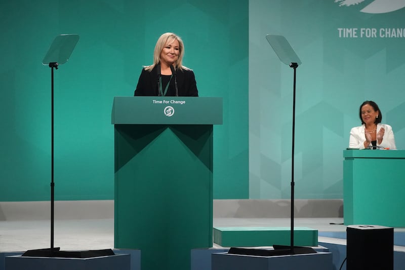 Sinn Féin vice-president Michelle O'Neill (left) during her keynote speech at the party's ardfheis in Athlone on Friday. Photograph: Brian Lawless/PA Wire