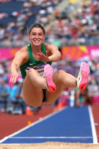 Kate O'Connor taking part in the heptathlon long jump at the Commonwealth Games. Photograph: Al Bello/Getty Images