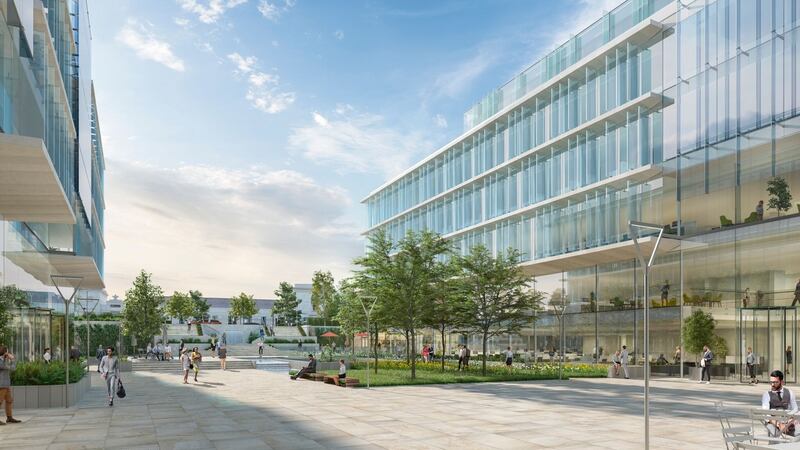 A computer-generated image of the new office development proposed by Ronan Group Real Estate for the front of the bank centre campus on Merrion Road in Ballsbridge.