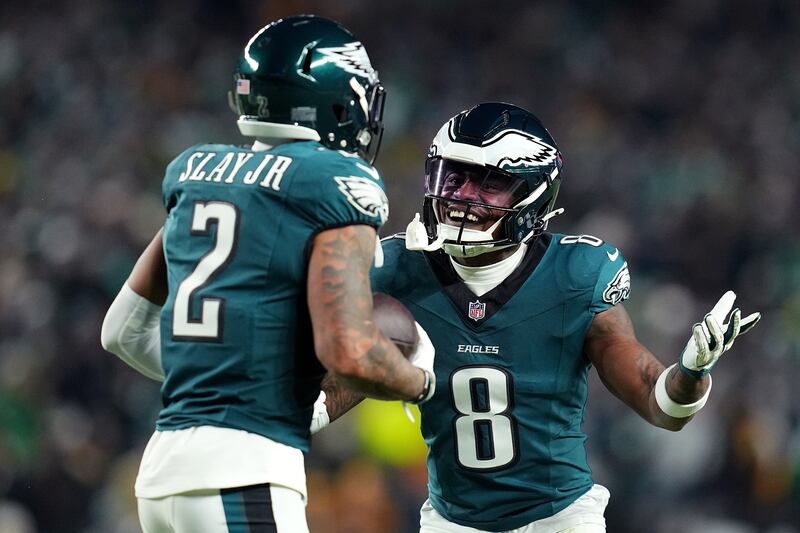 Philadelphia Eagles' Darius Slay Jr celebrates with team-mate CJ Gardner-Johnson after recovering a fumble against the Pittsburgh Steelers. Photograph: Mitchell Leff/Getty Images