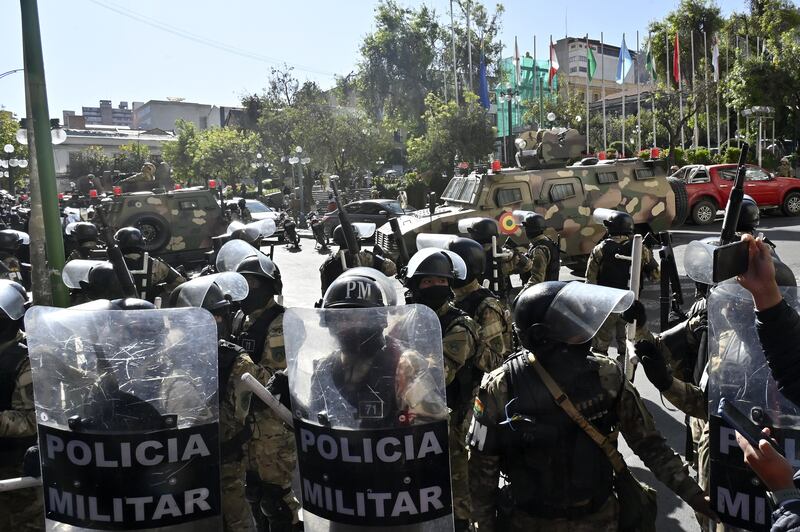 Military troops deployed outside the Quemado Palace at the Plaza Murillo in La Paz on June 26th. Photograph: Aizar Raldes/AFP via Getty