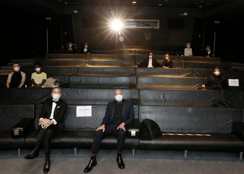 epa09161047 Nominees, including: Yorgos Lamprinos (bottom C), Adrien Merigeau (C-L), Amaury Ovise (C-R), Nicolas Becker (C), Jean-Louis Livi (top R), and Florian Zeller (top, 2-L) attend a screening of the 93rd annual Academy Awards in Paris, France, 26 April 2021. The Oscars are presented in Los Angeles for outstanding individual or collective efforts in filmmaking in 24 categories. The Oscars happen two months later than originally planned, due to the impact of the coronavirus COVID-19 pandemic on cinema.  EPA/Lewis Joly / POOL *** Local Caption *** 55864152