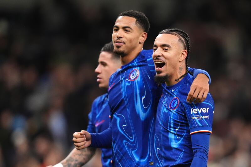 Chelsea's Enzo Fernandez, Levi Colwill and Malo Gusto celebrate following the Premier League victory over Spurs at Tottenham Hotspur Stadium. Photograph: John Walton/PA 