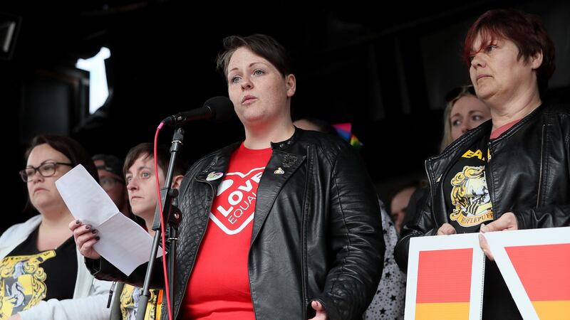 Sara Canning   speaks at the  rally    demanding same sex marriage in Northern Ireland. Photograph: Brian Lawless/PA