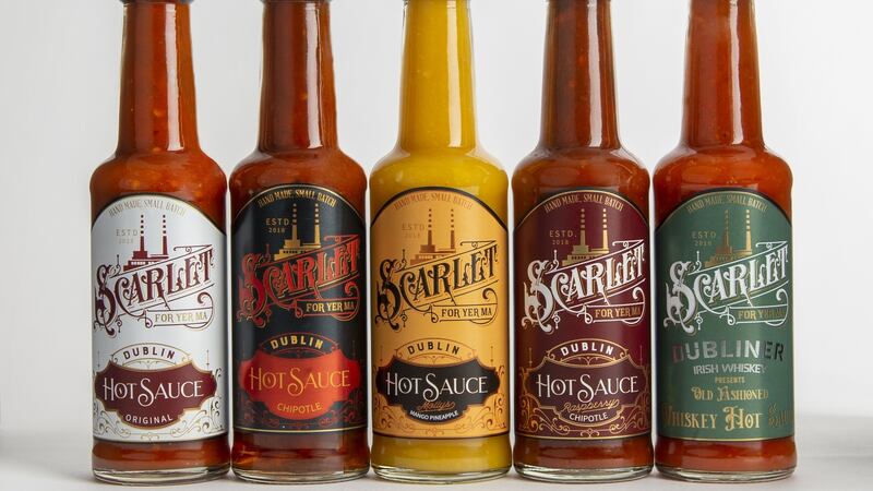 The full range of Scarlet For Yer Ma hot sauces.