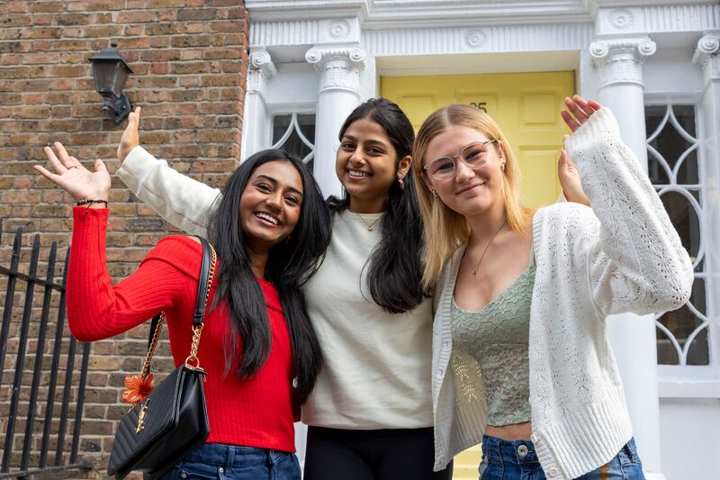 Vanshika Chundru, Swati Upadhyay and Caitlin McDermot pictured after getting Leaving Certificate Results at The Institute of Education on Leeson St, Dublin. Photograph: Tom Honan 