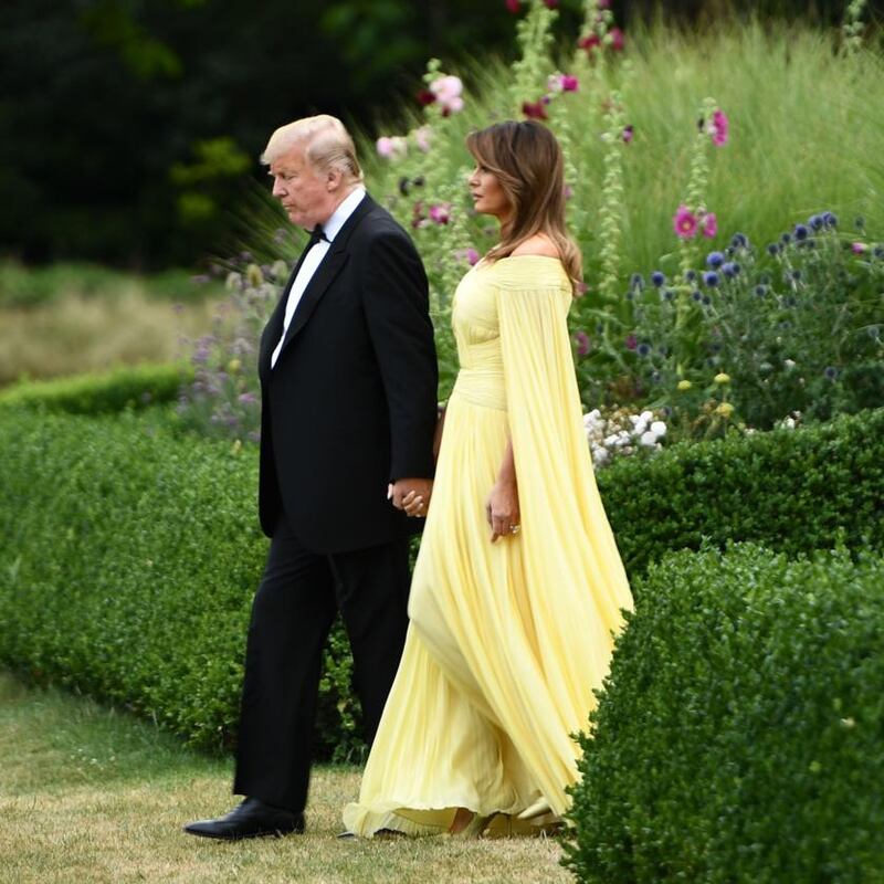 Melania Trump wore a lemon J Mendel gown with cape detailing at Blenheim Palace last year. Photograph: Brendan Smialowski/AFP via Getty