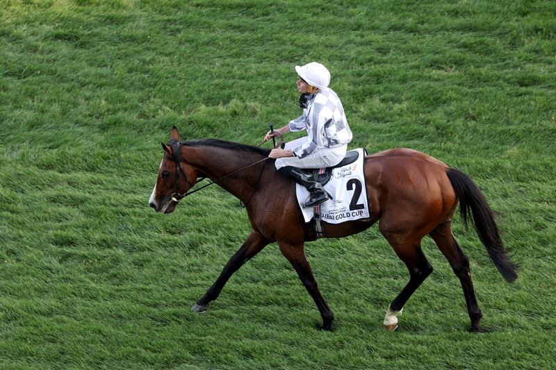 Ryan Moore and Broome after winning the Dubai Gold Cup during the Dubai World Cup at Meydan Racecourse in Dubai, United Arab Emirates. Photograph: Christopher Pike/Getty Images