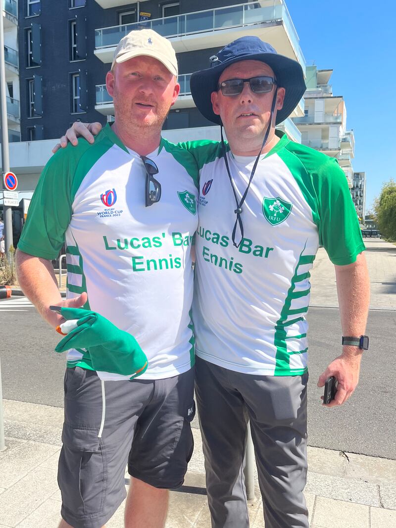 Ireland fans Adrian Herlihy and Pat Moore resorted to e-scooters to get to the stadium.