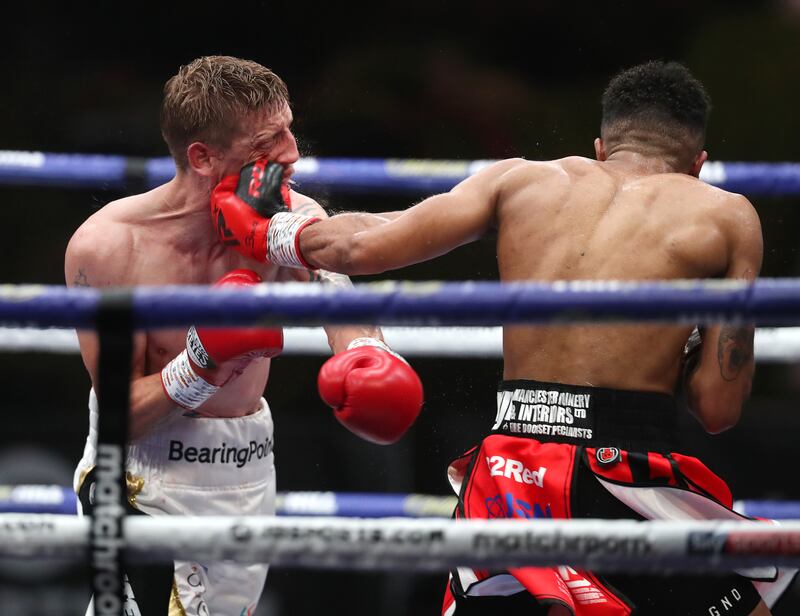 Zelfa Barrett lands a blow during the August 2020 bout against Eric Donovan for the IBF Intercontinental Super-Featherweight belt. File photograph: Inpho/Matchroom Boxing/Mark Robinson