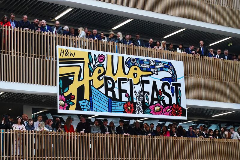 The audience gather on balconies to listen to US President Joe Biden deliver his keynote speech at Ulster University. Photograph: Aaron Chown/PA