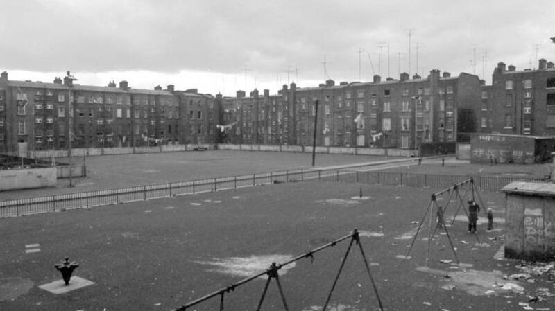 The Gloucester Diamond seven-a-side football pitch. To the left in the corner of Summerhill and Gardiner Street Tenements was where the turf depot had formerly been located. Photograph: Dublin City Library and Archive.