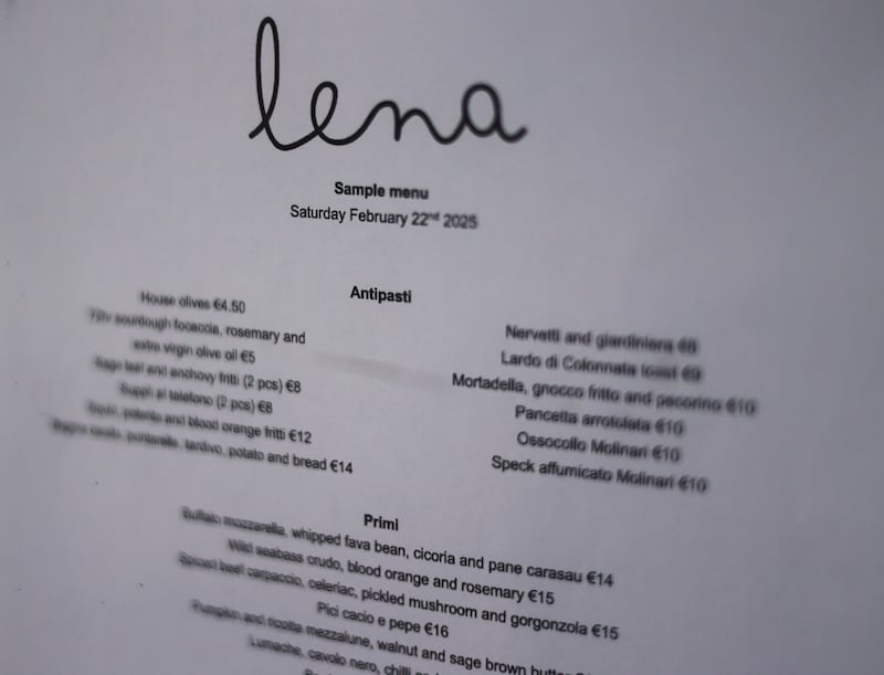 The menu at Lena. Photograph: Bryan O’Brien