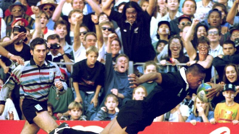 The winger goes over for his side’s first try against England during their Rugby World Cup semi-final match in South Africa in  1995. Photograph: Reuters/Ian Waldie