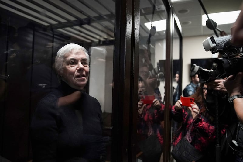 Paediatrician Nadezhda Buyanova, who was jailed for 5½ years on Tuesday for spreading 'fake' information about the Russian army, pictured in a Moscow court as she awaits the verdict. Photograph: Tatyana Makeyeva/AFP via Getty Images