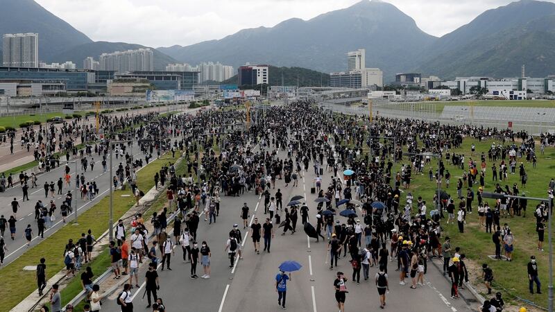 Protesters block a road leading to the Hong Kong International Airport in Hong Kong, China, September 1st 2019. Photograph:Jerome Favre/EPA