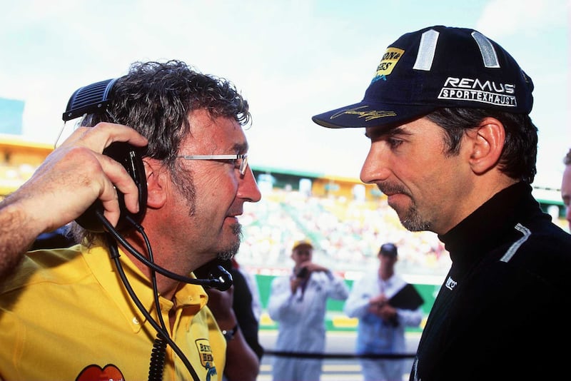 Eddie Jordan and driver Damon Hill in March 1999. Photograph: Inpho/Allsport