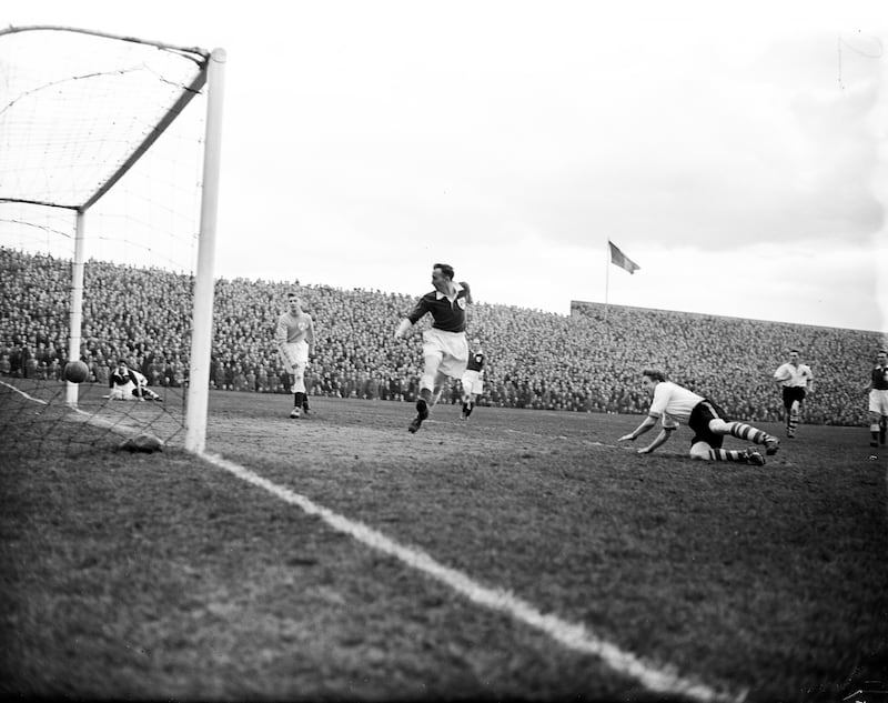 Action from the League of Ireland v Irish League game at Dalymount Park on St Patrick's Day 1955. Photograph: Photograph: Irish Photo Archive/Lensmen