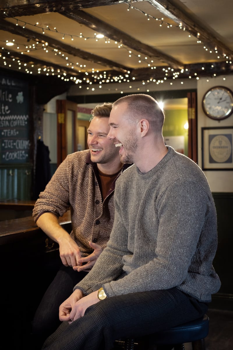 Jack Reynor wears: cardigan, Inis Meáin Knitwear, €545; Jeans, Levi’s at Zalando, €110; Boots, Levi’s at Zalando, €120. Sam Keeley wears: grey jumper, Irelands Eye Knitwear, €136.95; trousers, Prada at Brown Thomas, €1,450. Photograph: Emily Quinn